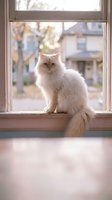 Fluffy white cat sitting on windowsill looking outside with soft natural light streaming through window creating peaceful domestic scene.