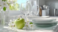 Green apple and white spring blossoms on kitchen counter with stacked mint plates and wine glasses, soft natural window lighting creates fresh dining atmosphere.