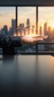 Businessman holding glowing financial growth chart with upward trending bars and line graph above palm against cityscape window at sunset for business analytics and investment concepts.