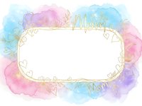 Watercolor floral frame with Mom text in gold lettering surrounded by pastel pink blue purple flowers and leaves on white background for Mother's Day cards.