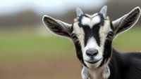 Young black and white goat with horns looking directly at camera in pastoral farm setting with blurred green background for agricultural content.