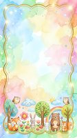 Cute woodland animals in a pastel rainbow watercolor frame with gold border, featuring fox, bear, bunny, owl and squirrel for kids design.