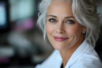 Confident mature woman with silver hair and gentle smile wearing white shirt, looking at camera with warm expression in soft natural lighting.
