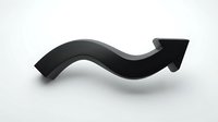 Curved black arrow pointing upward on white background, symbolizing growth, success, and positive business trends for corporate presentations.