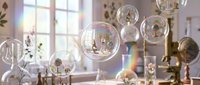 Floating soap bubbles in bright sunlit room with rainbow reflections creating magical atmosphere for home decor and lifestyle concepts.
