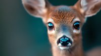 Young fawn with bright blue eyes in extreme close up macro portrait against dark green blurred background, showing innocent expression and detailed fur texture.