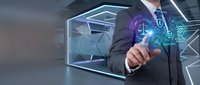 Businessman in dark suit touching digital law and justice icons with glowing symbols in futuristic interface for legal technology and compliance solutions.