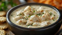 Creamy seafood chowder with tender white fish chunks, fresh herbs and spices in black ceramic bowl, served with crispy crackers. Homestyle comfort food.