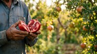 Senior male farmer holding freshly cut pomegranate halves in orchard during harvest season with ripe fruit trees in blurred background.