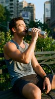 Athletic man with dark hair and beard, Caucasian ethnicity, drinking water from bottle after outdoor workout in urban park with skyscrapers. Fitness and hydration concept.