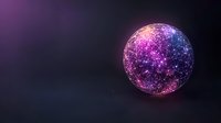 Glowing sphere with interconnected network lines in purple and blue neon colors against dark background, representing global digital connectivity and technology.