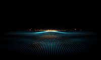 Futuristic digital horizon with glowing blue light and parallel grid lines stretching to infinity against dark background, creating perspective and depth.