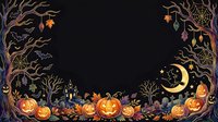 Spooky autumn border with jack-o-lanterns, bare branches, crescent moon, and fall foliage on black background. Isolated design element for Halloween invitations and seasonal projects.
