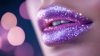 Sensual lips covered in sparkling purple glitter makeup with soft bokeh lights in background, closeup beauty shot for cosmetics and makeup artistry.