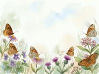 Watercolor meadow border with orange butterflies and wildflowers on soft pastel background, perfect for cards, invitations, and nature prints.