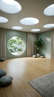 Serene meditation room with bamboo floor, round window, zen garden view, oval skylights, sage green walls, river stones, and potted plant.