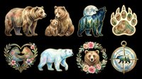 Watercolor bear illustrations set with forest wildlife, paw print, floral wreaths, and compass design isolated on transparent background. Ready for t-shirt designs, clipart, stickers, sublimation, and print-on-demand products.