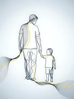 Minimalist line art of father and son walking together connected by flowing yellow ribbon on light background for family bonding designs.