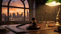 Legal office workspace with gavel and scales of justice overlooking city skyline at sunset for law firm branding and professional services marketing.