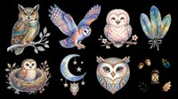 Cute owl clipart set with charming characters and nature elements, isolated on transparent background. Great for stickers, t-shirt design, print on demand, and sublimation.