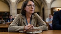 Middle-aged Caucasian woman with glasses and brown hair sitting at wooden table in library, wearing beige blazer, thoughtful expression, academic setting.