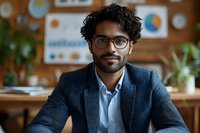 Young Indian businessman wearing glasses and navy blazer smiling at camera in modern office with charts and graphs on wall, professional corporate portrait.