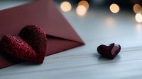 Red glitter heart and burgundy envelope on white wooden table with bokeh lights background, romantic Valentine's day or love letter concept.