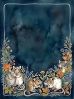 Watercolor autumn frame with cute hamsters and fall foliage on dark blue background. Copy space for text, invitations, greeting cards, seasonal designs.