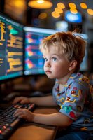 Young boy with blue eyes in patterned shirt focused on computer screens displaying data charts and graphs, illuminated by ambient lighting and monitor glow.
