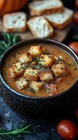 Creamy tomato soup garnished with crispy herb-seasoned croutons in rustic black bowl, fresh rosemary and cherry tomatoes on dark background. Food photography.