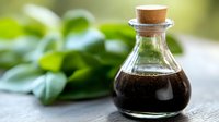 Small glass bottle with balsamic vinegar or soy sauce with cork stopper against blurred green herb leaves background, for food photography.