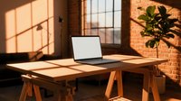 Modern workspace with laptop on wooden desk in sunlit brick loft office. Warm natural lighting creates geometric shadows on minimalist workstation setup.