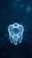 Digital tooth hologram with glowing blue wireframe structure and flowing data streams for dental technology and healthcare innovation concepts.