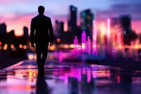 Silhouette of businessman walking on reflective surface against urban skyline with neon pink data visualization and sunset sky. Modern finance concept.