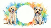 Golden retriever puppy and Yorkshire terrier sitting beside blank white circle frame with colorful watercolor splash background for pet design.