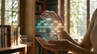 Professional woman holding glowing digital network diagram with connected nodes between hands in modern office environment for business technology concepts.