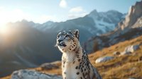 Snow leopard in natural mountain habitat against snowy peaks and dramatic sunset light, majestic wild cat looking into distance with alert expression.
