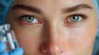 Close up portrait of bright blue eyes with long eyelashes and expressive eyebrows against turquoise background, showing natural beauty and pure skin texture.