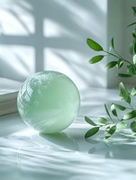 Green glass sphere with window shadow reflections and fresh green leaves on white surface, creating minimalist eco-friendly composition for wellness concepts.