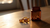 Amber glass medicine bottle with scattered omega-3 fish oil capsules on wooden table in morning sunlight, creating warm atmospheric glow and shadows.