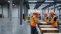 Industrial workers in safety gear operating conveyor system in modern warehouse facility for logistics and manufacturing operations.