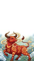 Red bull with golden ornaments and swirling clouds in traditional Asian art style for lunar new year celebrations and cultural festivals.
