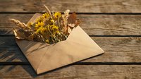 Kraft paper envelope filled with dried wildflowers and wheat stems on rustic wooden background for autumn greeting cards and natural crafts.