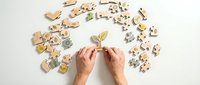 Hands protecting green plant sprout surrounded by scattered wooden puzzle pieces on white background symbolizing growth and problem solving.