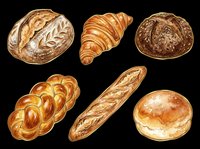 Assorted fresh baked bread rolls, croissant, baguette and pastries isolated on transparent background. Ready for bakery designs, menus, t-shirts, clipart and print-on-demand products.
