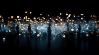 Silhouettes of people against glowing network connections and bokeh lights creating futuristic digital landscape visualization in dark blue and orange tones.