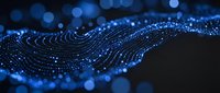 Blue digital particle wave flowing with glowing dots and bokeh lights creating futuristic data visualization background for technology presentations.