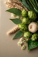 Fresh green hops cones arranged with wheat ears, cream rose and leaves on beige background. Natural composition for brewery and beer production concept.