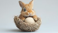 Adorable ginger bunny rabbit sitting in natural woven nest with large egg, Easter holiday concept against light background. Perfect for seasonal greeting cards.