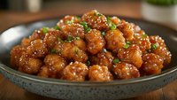 Glazed meatballs garnished with fresh chopped green onions and sesame seeds served in rustic ceramic bowl on wooden table, close up view of Asian cuisine.